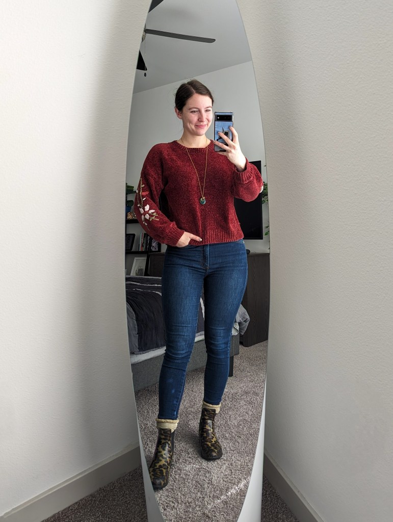burgundy-sweater-embroidered-francescas-skinny-jeans-leopard-rain-booties