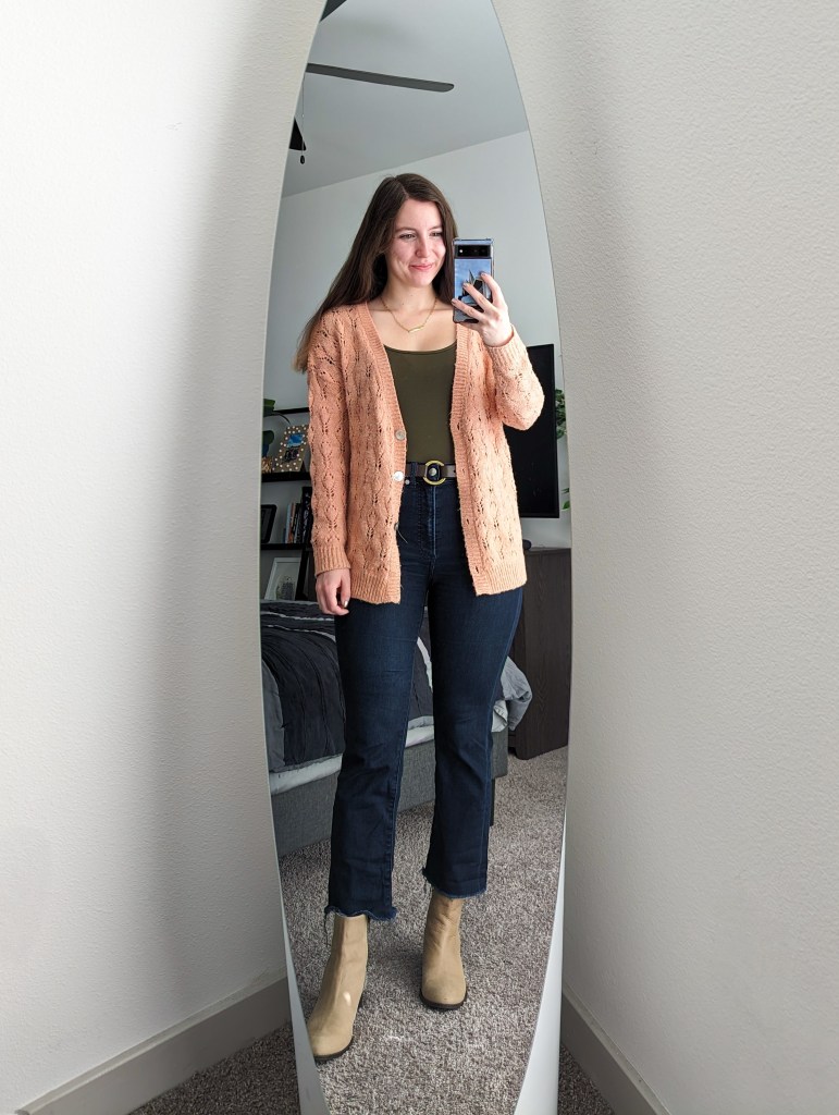 olive-green-bodysuit-salmon-colored-cardigan-cropped-flared-jeans-taupe-booties