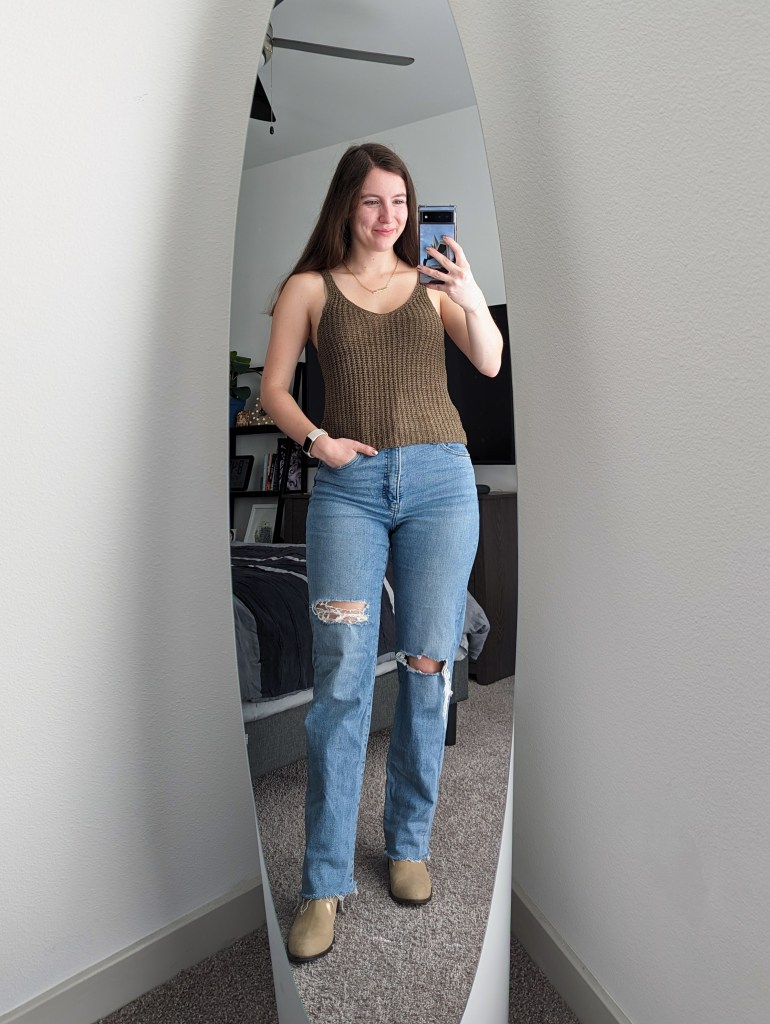 olive-green-knit-tank-top-straight-leg-skinny-jeans-taupe-booties-shop-lc