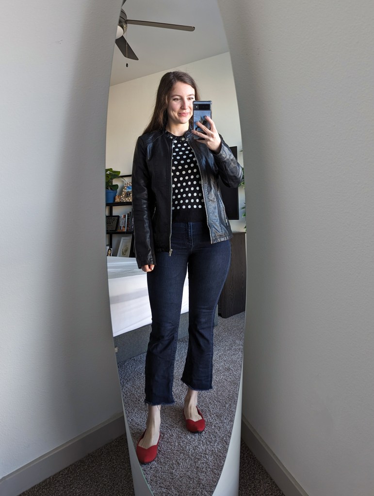 dr2-by-daniel-rainn-polka-dot-sweater-black-leather-jacket-cropped-flared-jeans-red-flats-rothys