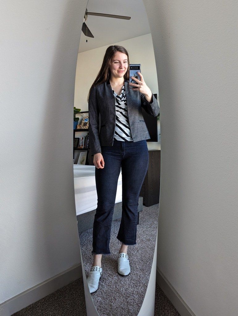 striped-cowl-blouse-grey-blazer-cropped-flared-jeans-express-white-studded-mules