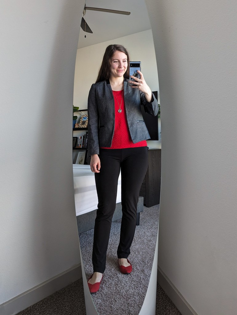 red-blouse-grey-blazer-black-slacks-clara-sunwoo-pants-red-rothys-flats