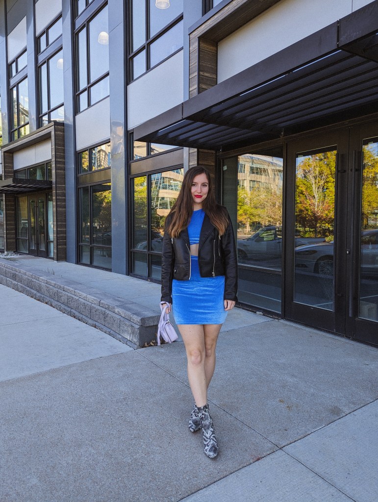 1989-pop-star-blue-velour-dress-black-leather-jacket-snakeskin-booties