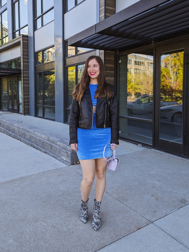 blue-velour-dress-black-leather-jacket-snakeskin-booties