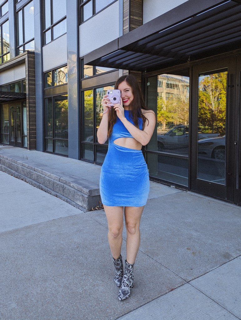 blue-velour-dress-snakeskin-booties-polaroid-camera-instax-mini-thrifted-fashion