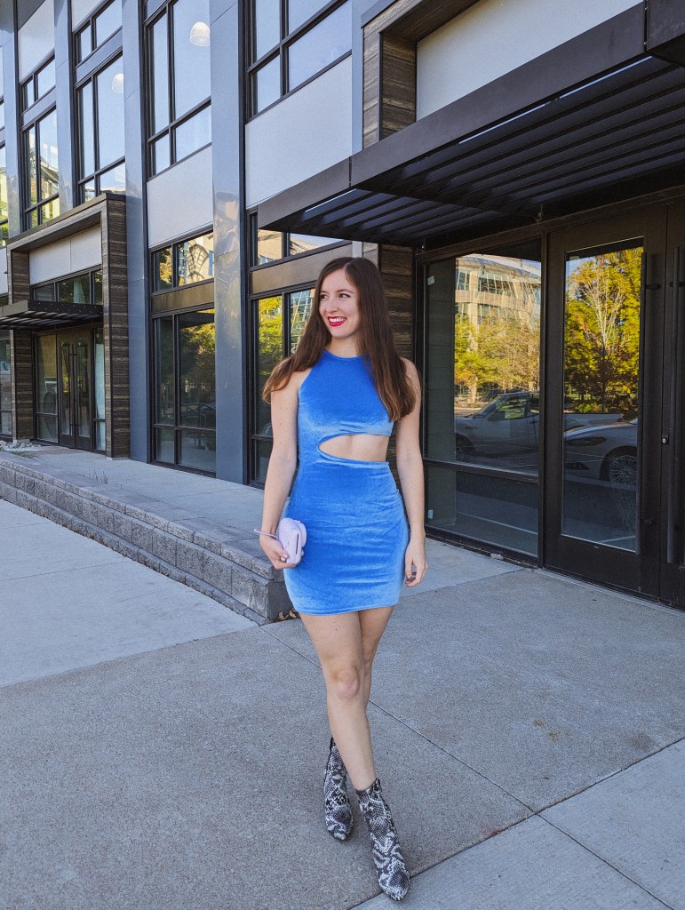 blue-dress-velour-cutout-thrifted-polaroid-vintage-snakeskin-booties