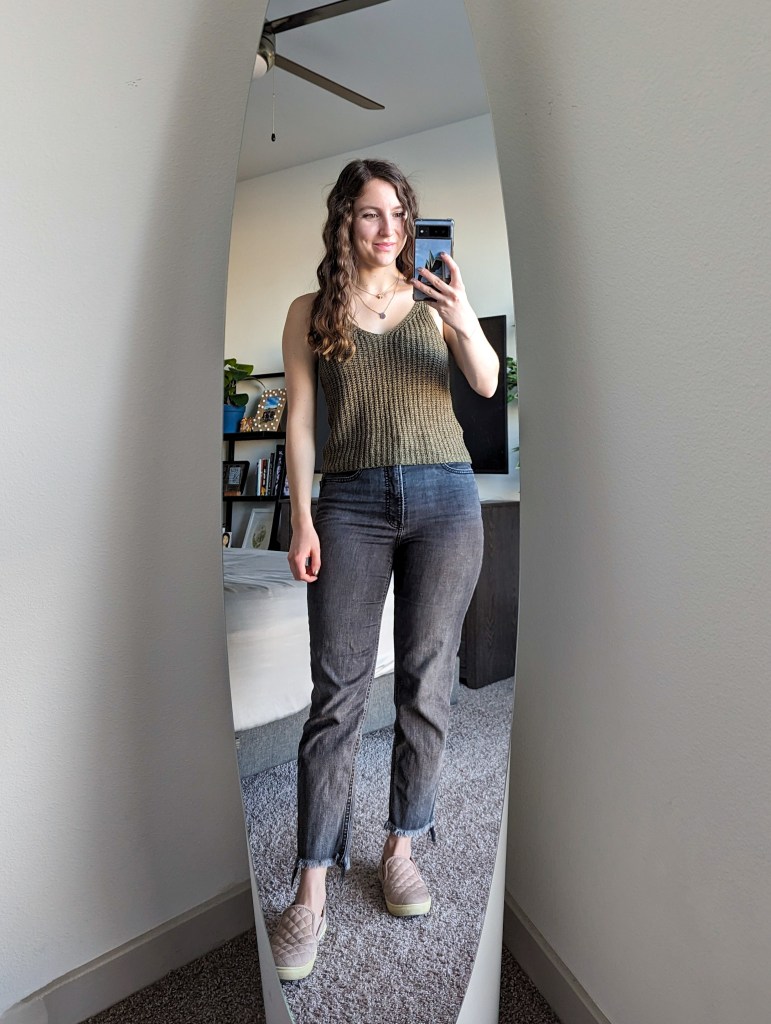 olive-green-knit-tank-fall-outfit-grey-straight-leg-jeans-beige-sneakers