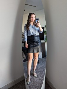 pinstripe-polka-dot-button-down-black-leather-skirt-stud-snakeskin-heels-work-outfit-edgy-style