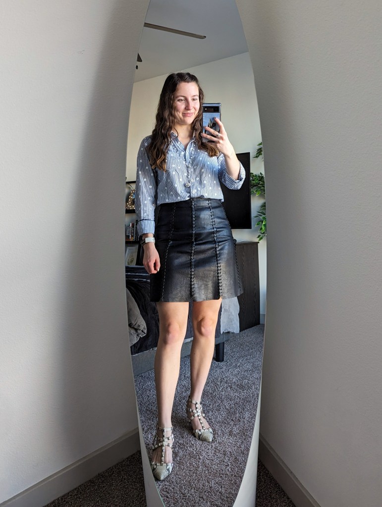 pinstripe-polka-dot-button-down-black-leather-skirt-stud-snakeskin-heels-work-outfit-edgy-style