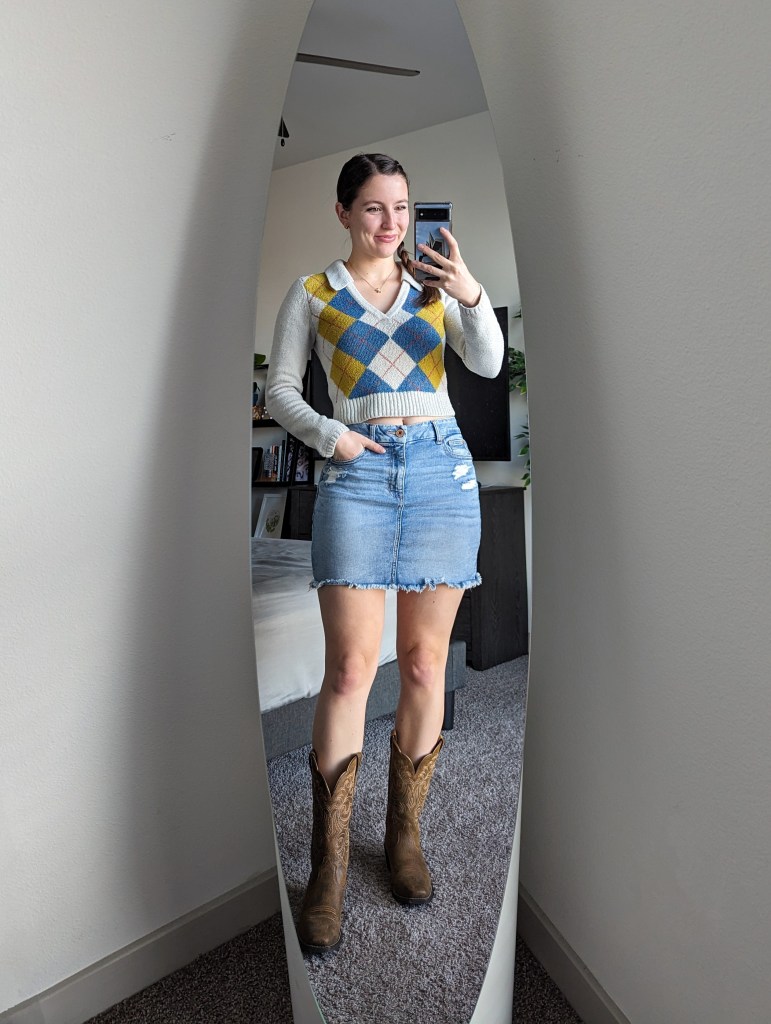 argyle-collared-sweater-denim-skirt-cowgirl-boots-pumpkin-patch-outfit