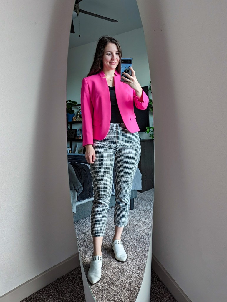 black-blouse-pink-blazer-houndstooth-pants-white-mules