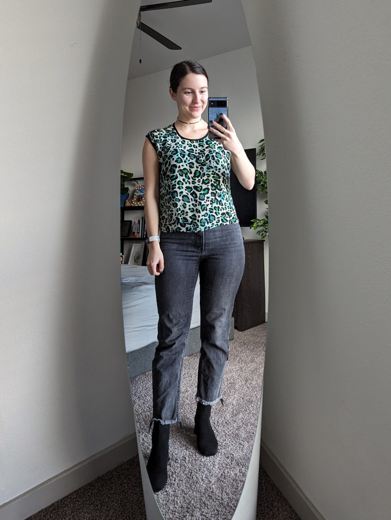 green-leopard-blouse-cabi-grey-straight-leg-jeans-black-booties-vivaia
