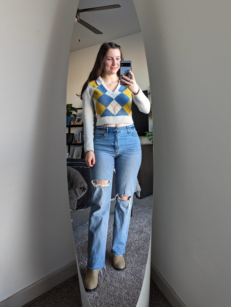 argyle-collared-sweater-straight-leg-jeans-beige-booties