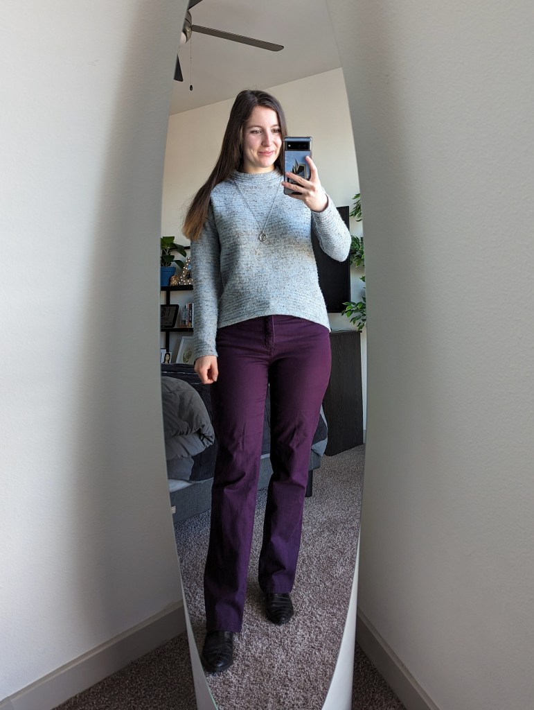 blue-sweater-sundance-outlet-purple-pants-black-booties