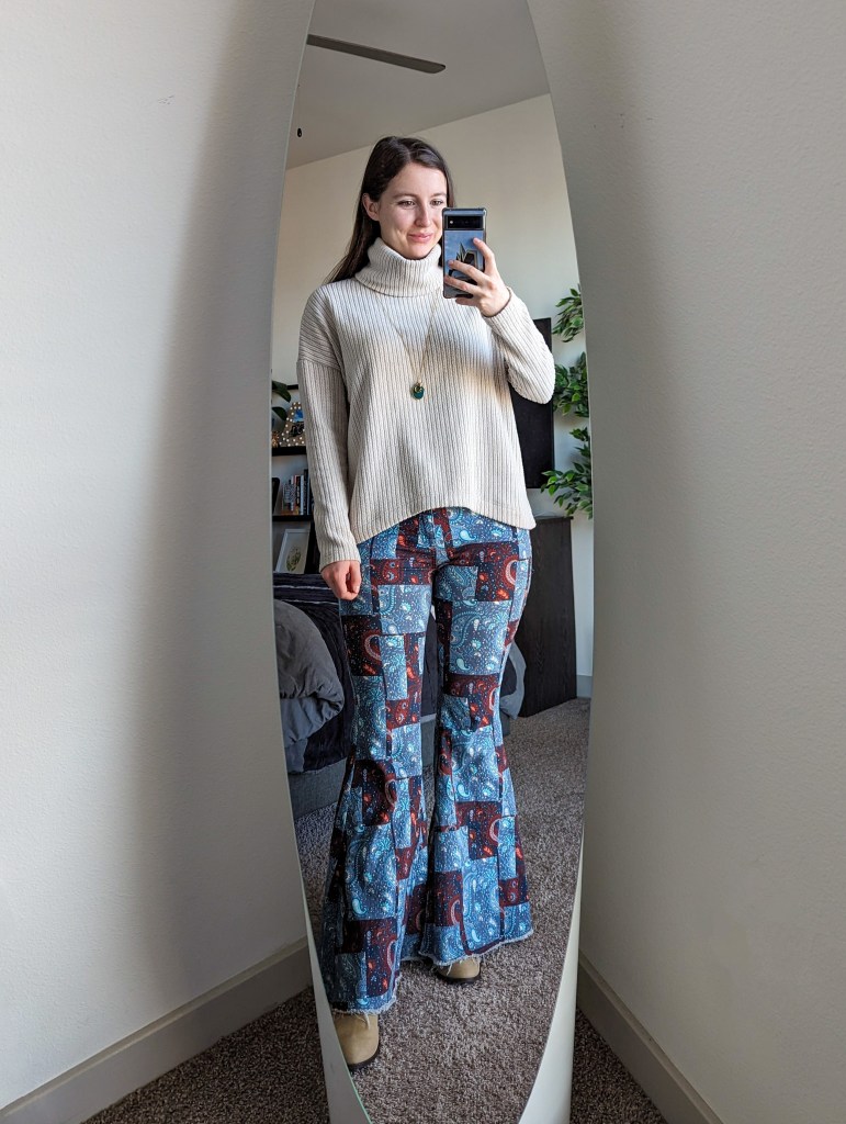 beige-turtleneck-sweater-clara-sunwoo-patterned-pants-flared-jeans-cavenders-beige-booties