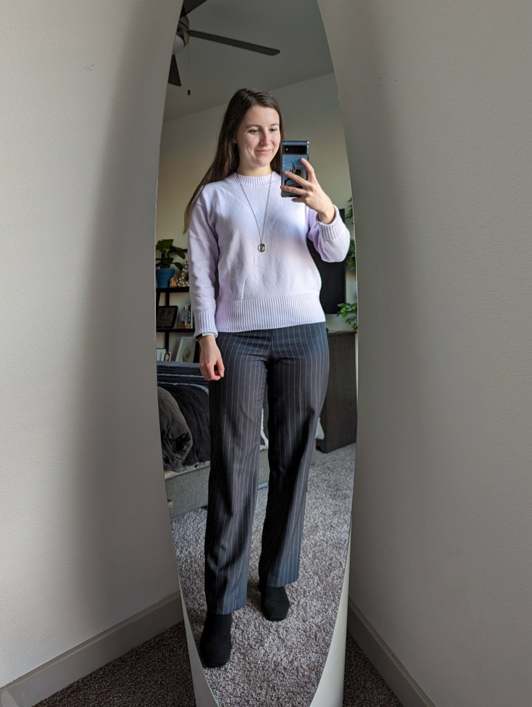 light-purple-sweater-banana-republic-pinstripe-trousers-work-outfit-black-vivaia-booties