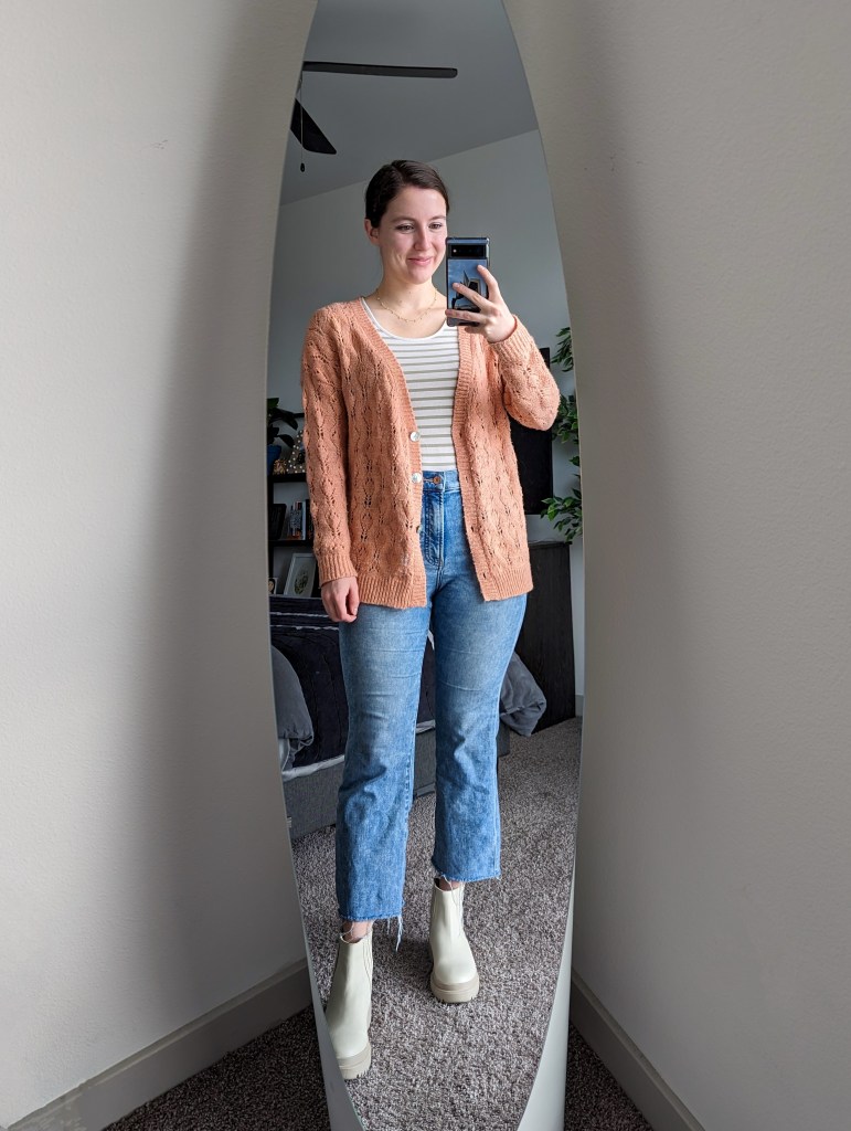 striped-tee-fall-fashion-cardigan-cropped-flared-jeans-cream-booties-portland-leather-goods