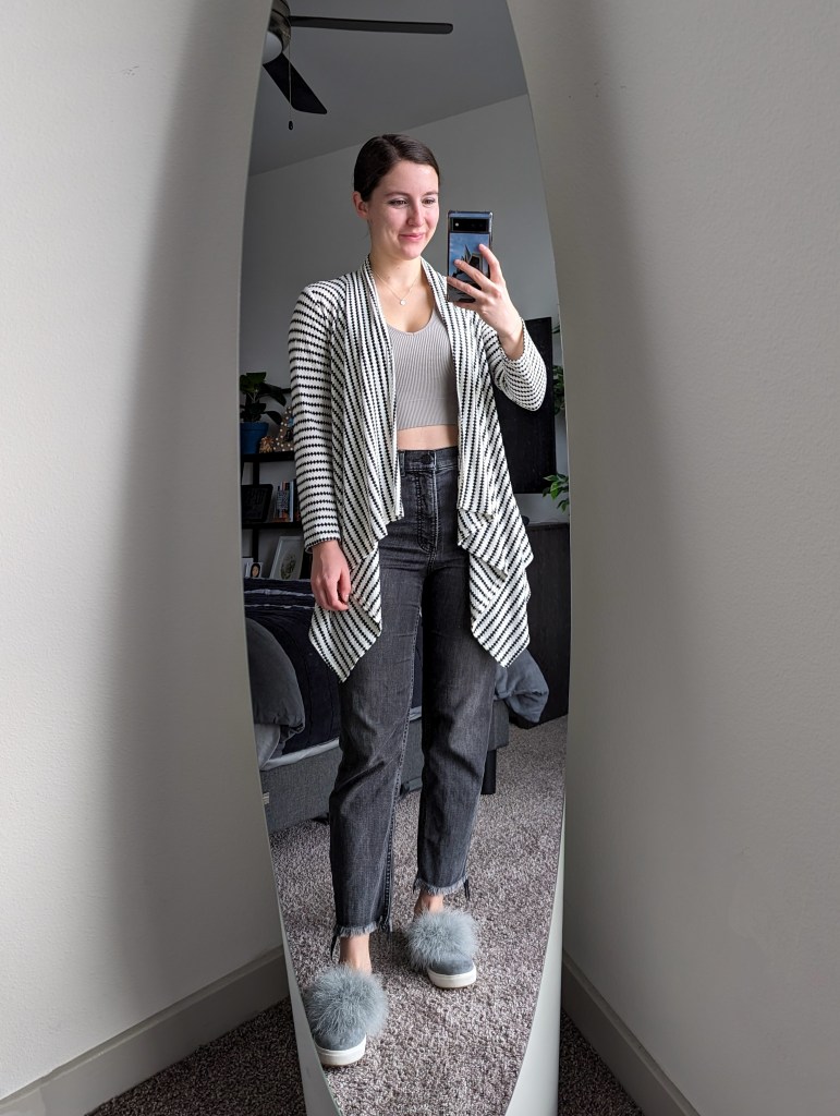grey-ribbed-crop-top-cardigan-grey-straight-leg-jeans-furry-sneakers