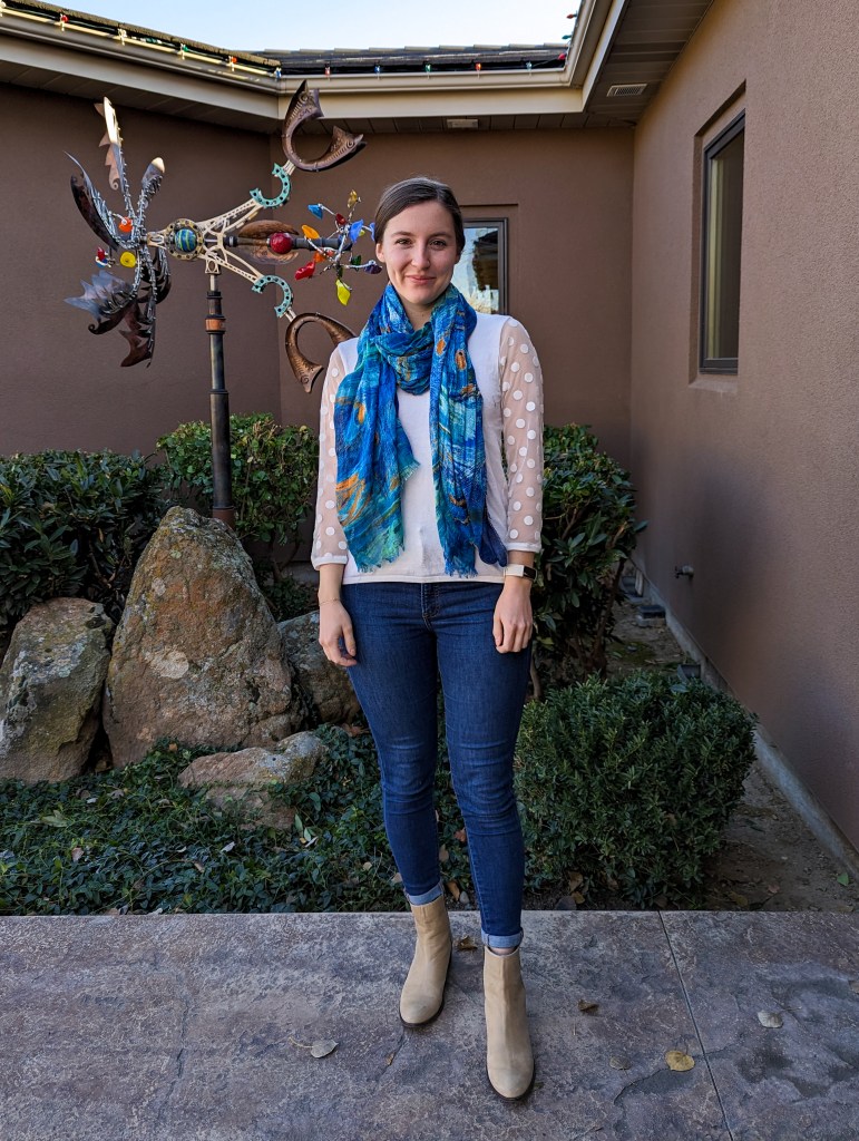 white-polka-dot-top-blue-scarf-skinny-jeans-taupe-booties