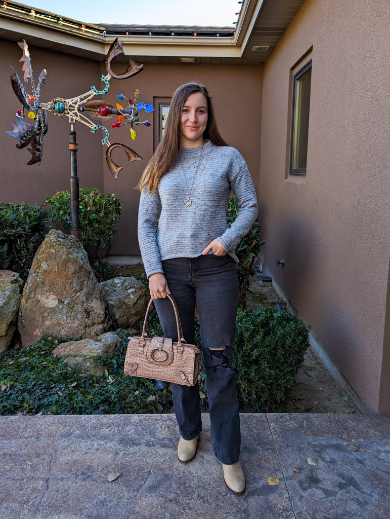 blue-turtle-neck-sweater-sundance-grey-jeans-brown-purse-taupe-booties