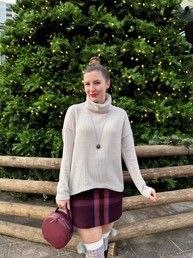 christmas-decorations-date-night-clara-sunwoo-sweater-turtleneck-plaid-skirt-black-knee-high-boots