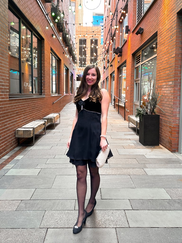 thrifted-black-dress-winter-wedding-stockings-milk-market-denver-blogger