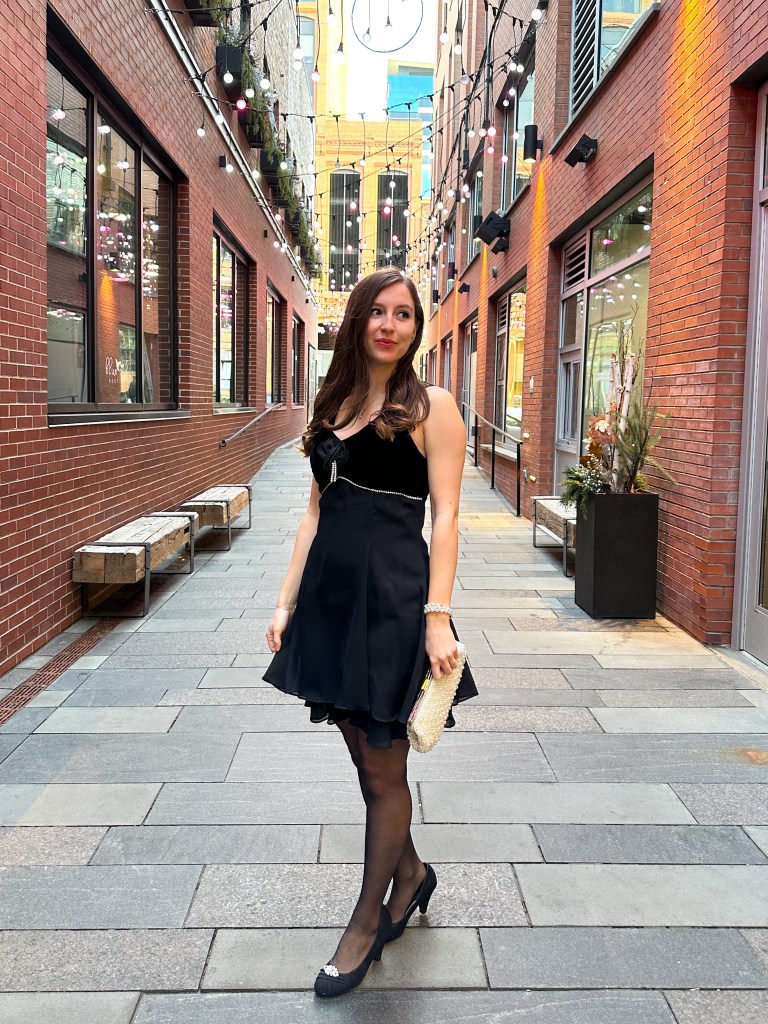 wedding-guest-dress-pearl-purse-black-stockings-milk-market-downtown-denver-dairy-block