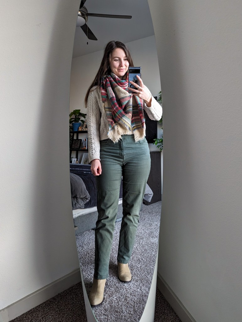 olive-green-pants-plaid-blanket-scarf-beige-sweater