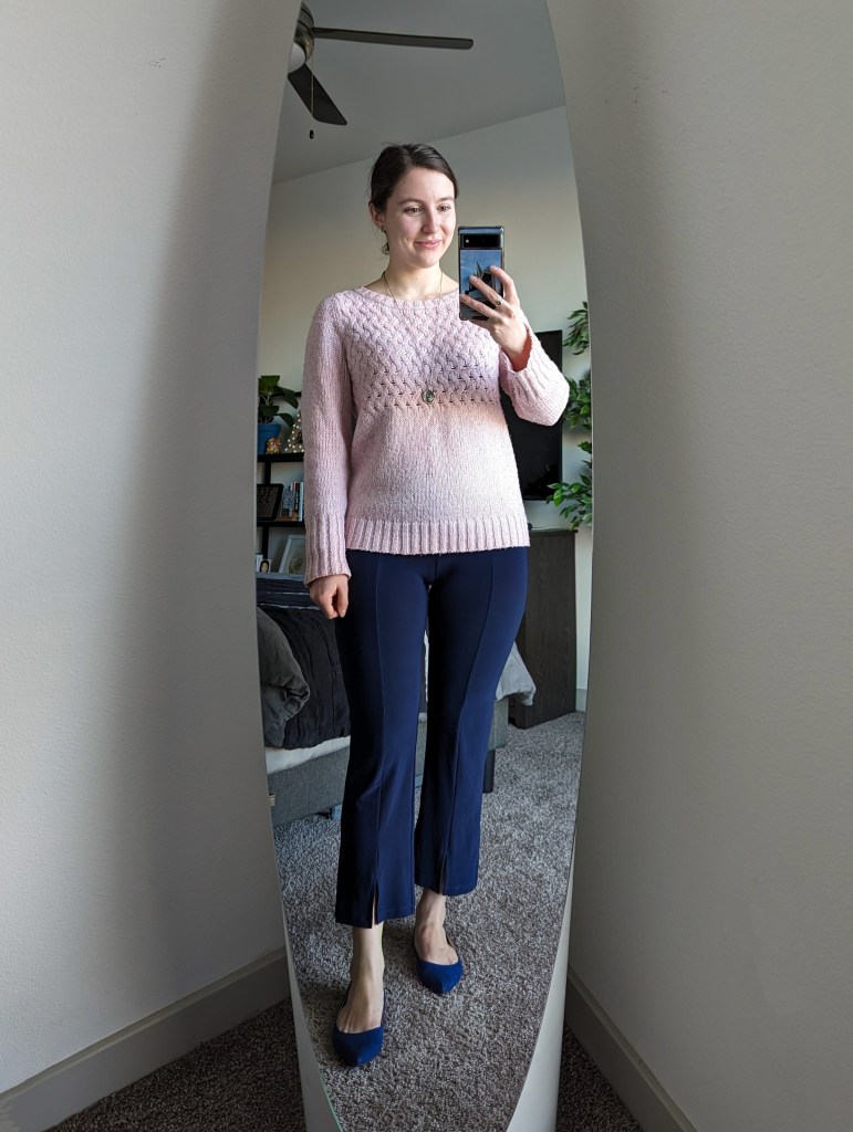 pink-sweater-navy-pants-blue-point-flats