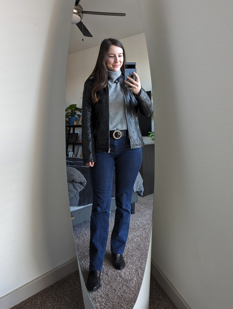 grey-turtle-neck-black-leather-jacket-booties-straight-leg-jeans