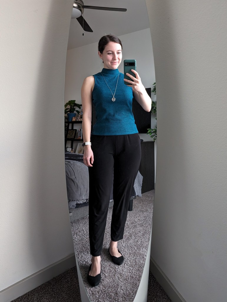 black-joggers-clara-sunwoo-teal-mockneck-top-black-rothys-flats