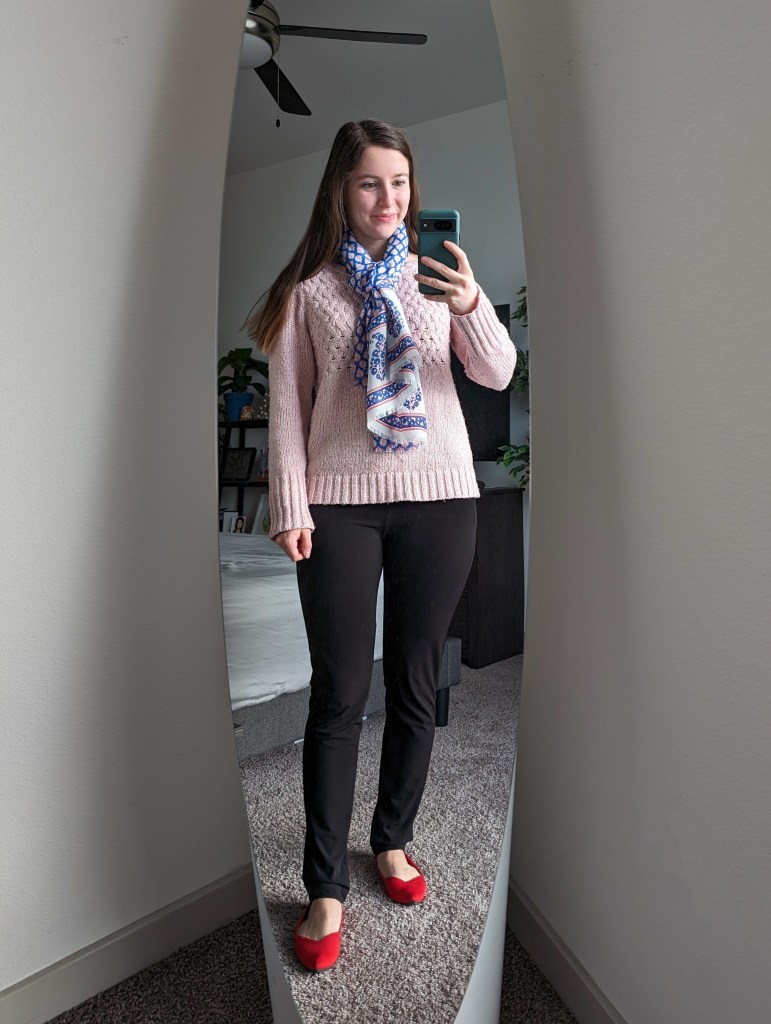 pink-sweater-scarf-black-pants-clara-sunwoo-red-rothys