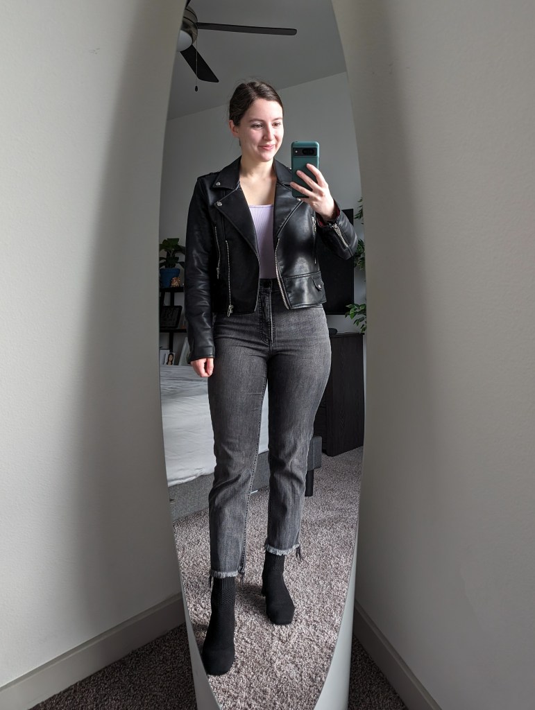 light-purple-bodysuit-black-leather-jacket-grey-straight-leg-jeans-black-vivaia-booties