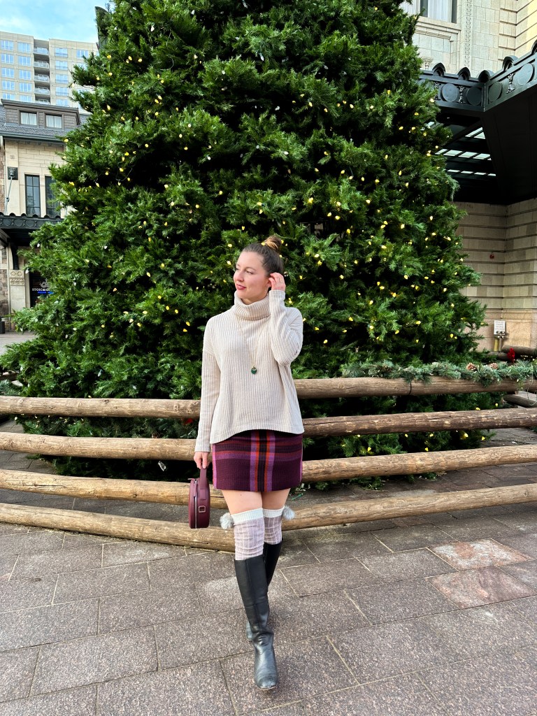 beige-sweater-turtleneck-clara-sunwoo-plaid-skirt-knee-socks-pom-poms-knee-boots