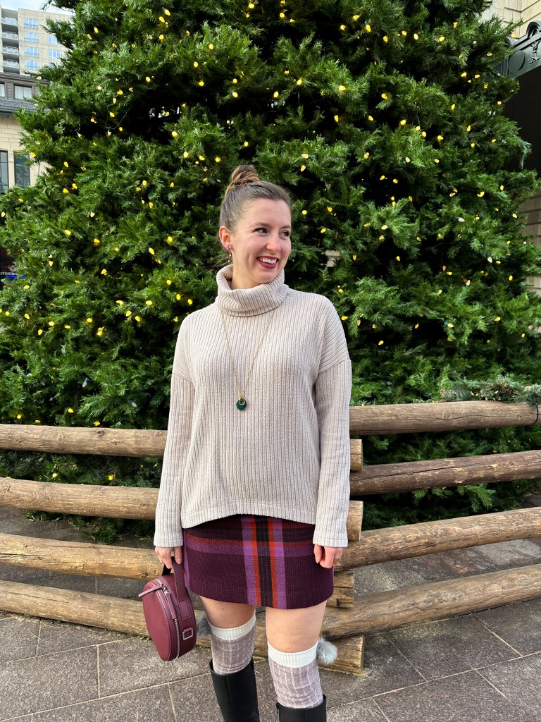 turtleneck-beige-sweater-plaid-skirt-pendant-necklace-clara-sunwoo-nordstrom-rack