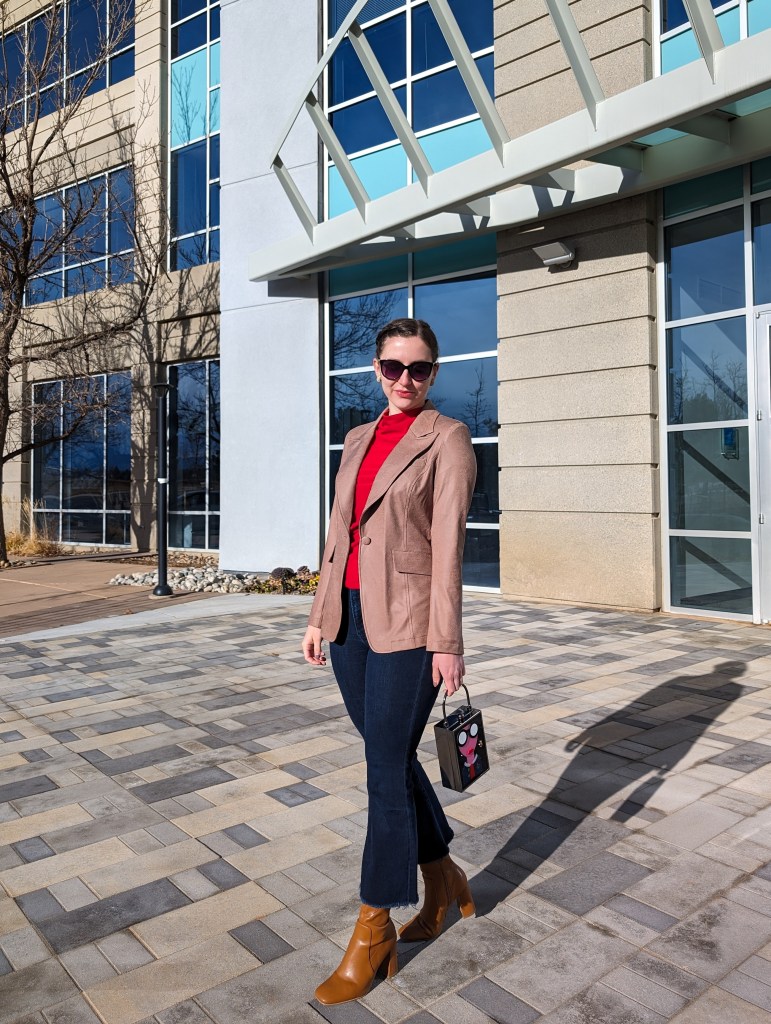 clara-sunwoo-collaboration-red-blouse-brown-blazer-cropped-flared-jeans-brown-boots
