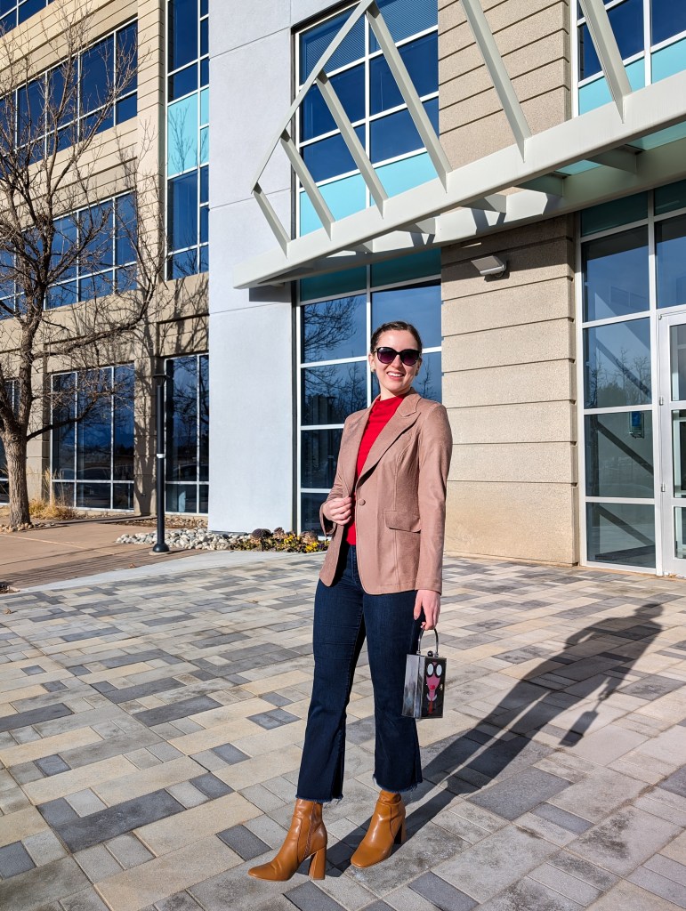 red-rouched-blouse-clara-sunwoo-brown-blazer-cropped-flared-jeans-brown-booties