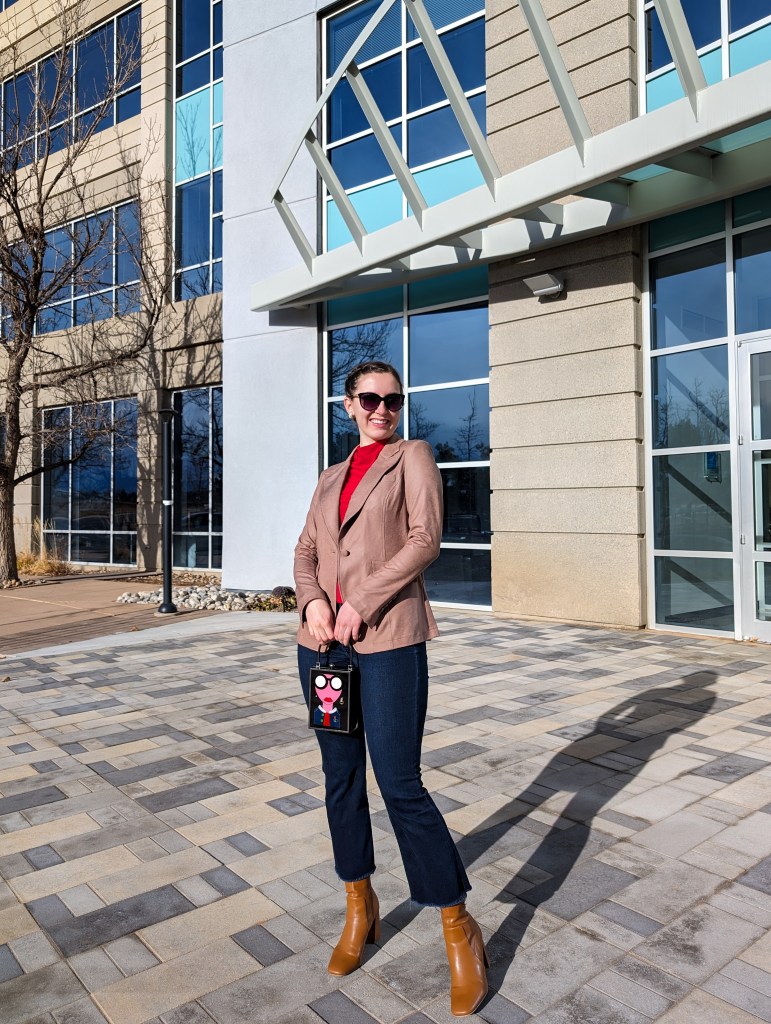 work-outfit-style-brown-blazer-clara-sunwoo-cropped-flared-jeans-booties