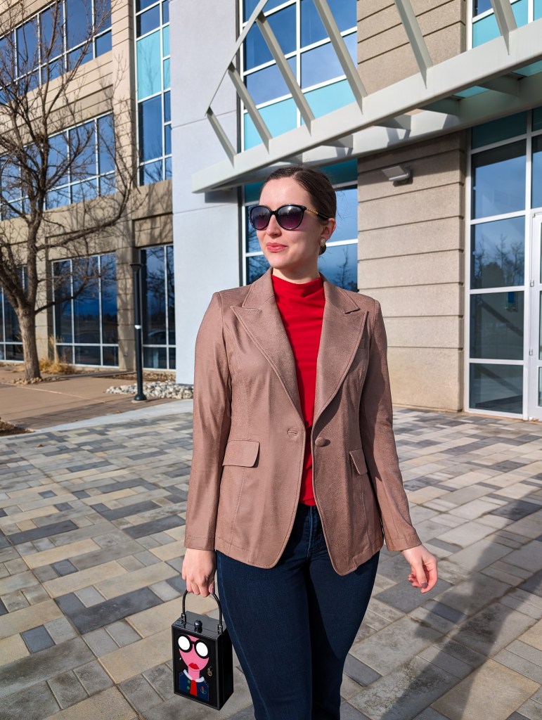 red-blouse-brown-blazer-clara-sunwoo-box-purse-dark-wash-jeans