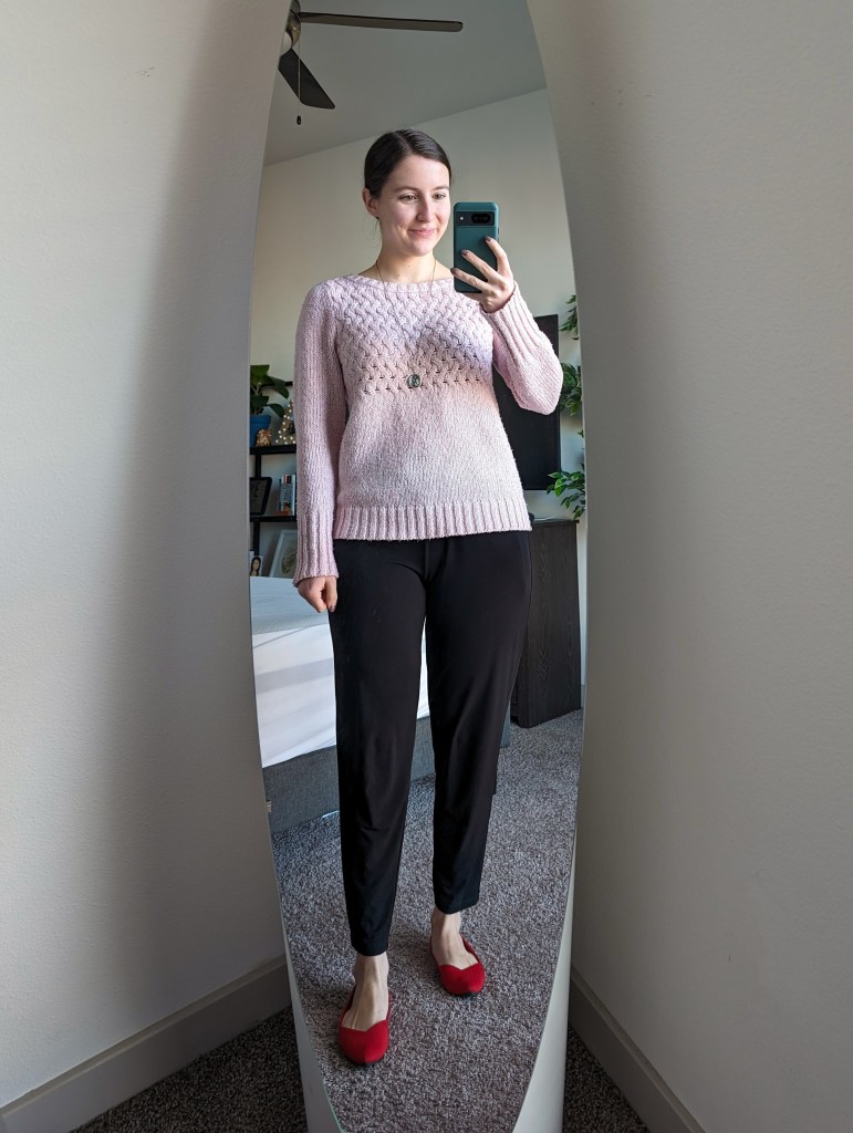 pink-sweater-black-jogger-pants-clara-sunwoo-red-rothys-flats