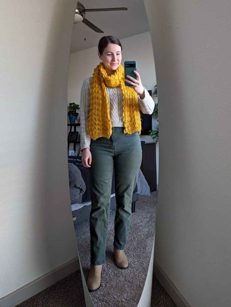 beige-sweater-olive-green-pants-mustard-scarf-winter-fashion