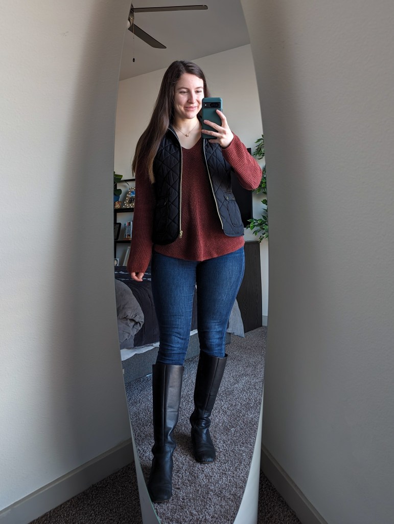 rust-colored-sweater-black-vest-jcpenney-express-jeans-knee-boots