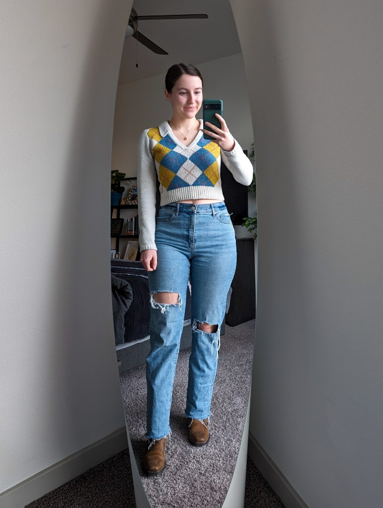 argyle-collared-sweater-ripped-straight-leg-jeans-brown-cowgirl-boots