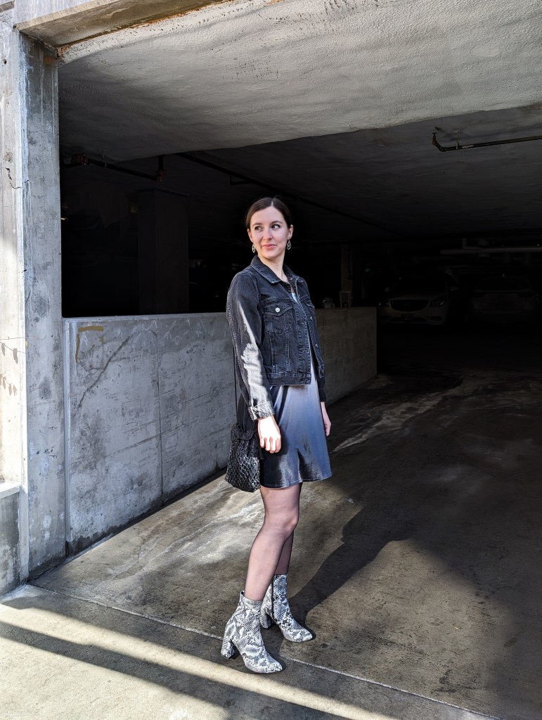 black-denim-jacket-silver-velour-dress-snakeskin-booties-winter-outfit