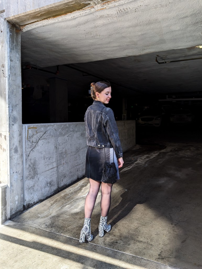 black-denim-jacket-silver-velour-dress-thrifted-snakeskin-booties