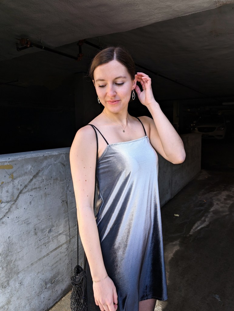 black-beaded-purse-silver-velour-dress-secondhand-style-winter-date-night