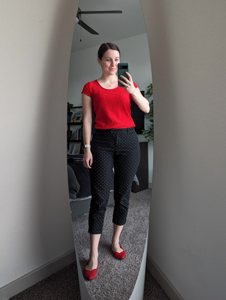 red-top-black-polka-dot-trousers-red-flats-rothys