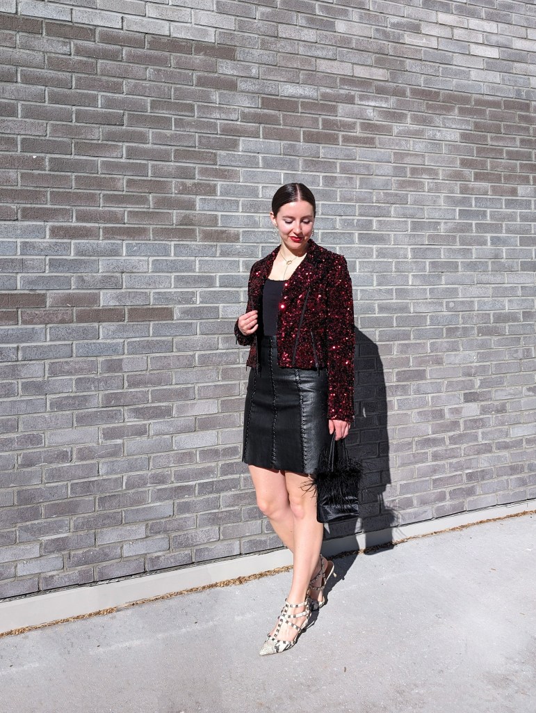 black-leather-skirt-snakeskin-heels-dsw-valentino-red-sequin-blouse