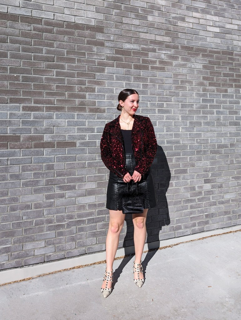 red-sequin-blouse-white-house-black-market-black-leather-skirt-snakeskin-heels-dsw