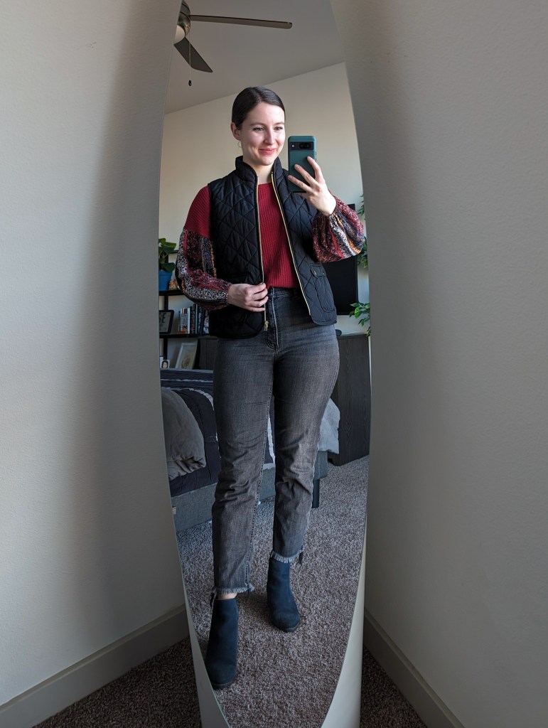 red-blouse-francescas-black-vest-grey-jeans-blue-suede-booties